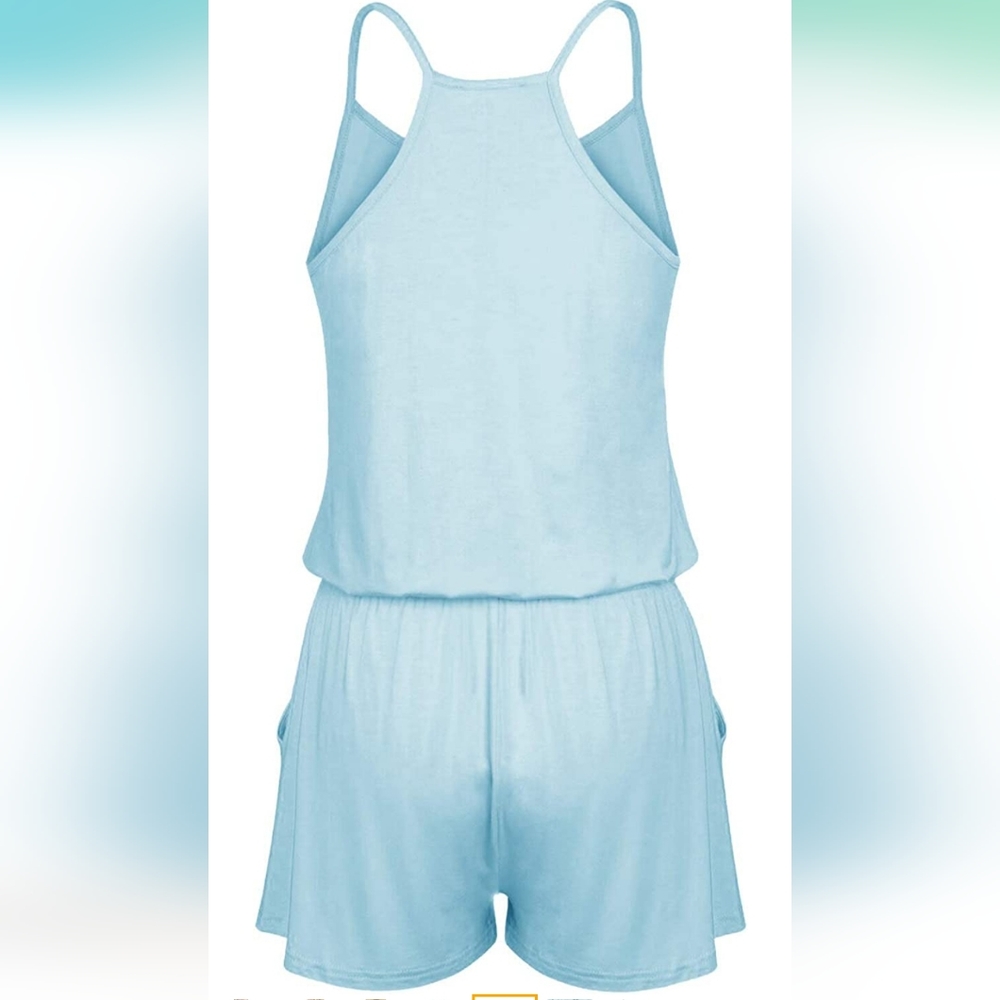 Womens Loose V Neck Spaghetti Strap Short Jumpsuit Romper - Picture 6 of 8
